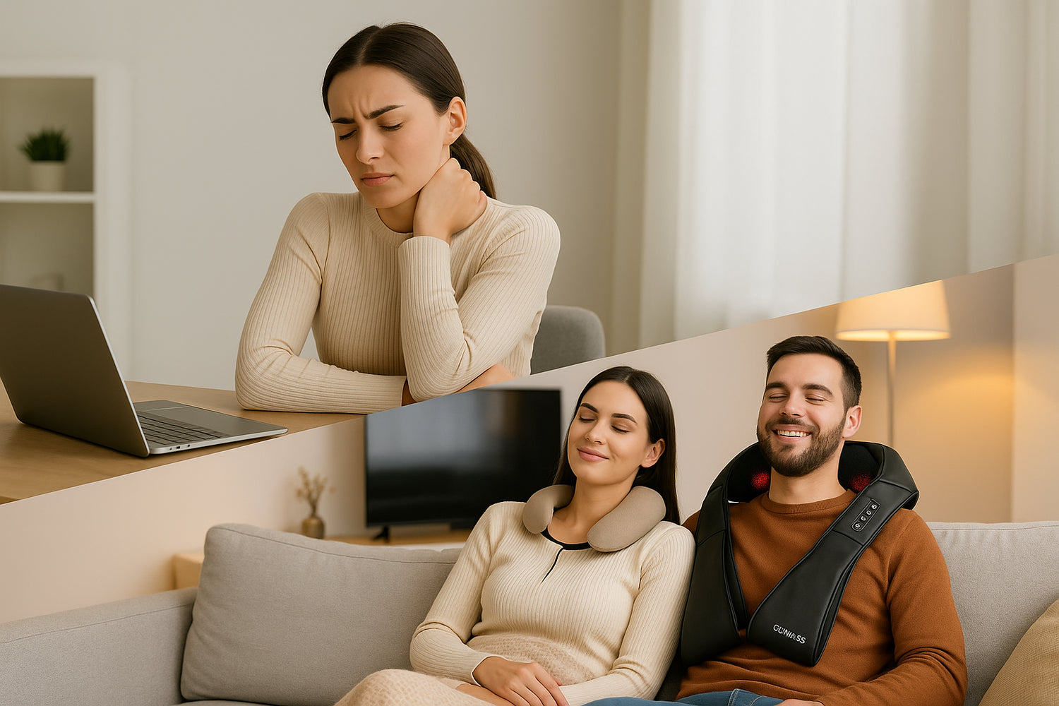 Femme souffrant de douleurs cervicales au bureau et couple détendu utilisant un masseur cervical chauffant et un coussin chauffant — CERVIDOS