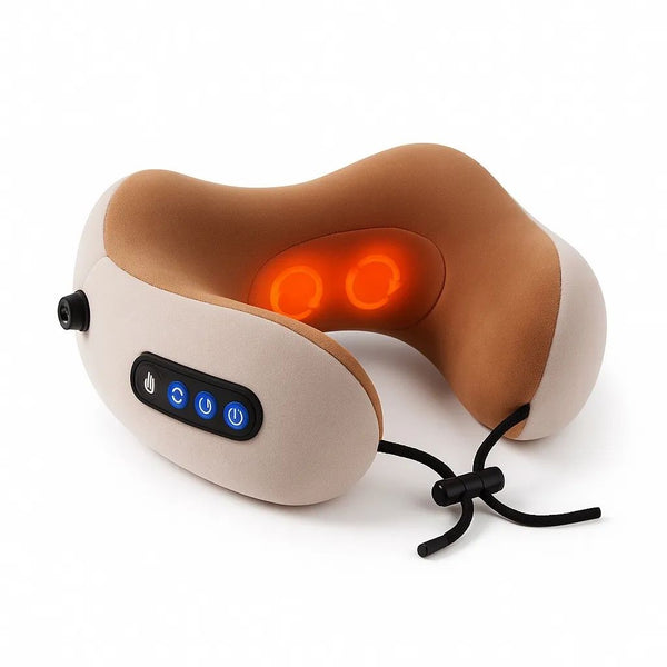 coussin cervical chauffant et massant avec boutons de contrôle, conçu pour soulager les douleurs et tensions du cou
