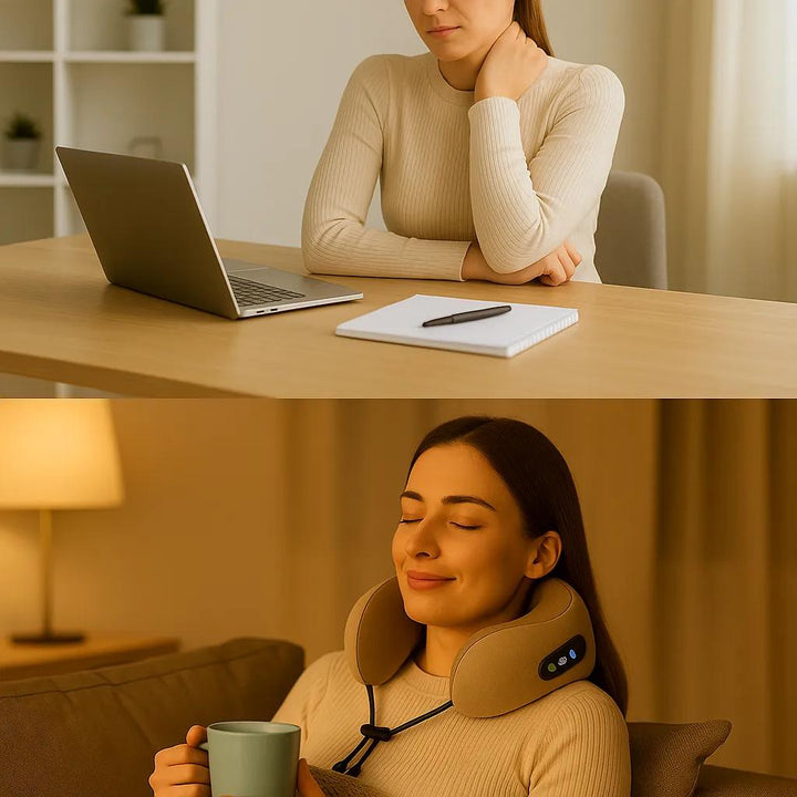 Avant après d'une femme souffrant de douleurs cervicales puis utilisant un coussin cervical chauffant et massant pour se détendre